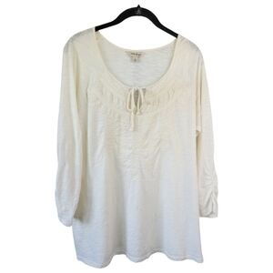 Lucky Brand Sz L Embroidered Cotton Peasant Lagenlook Blouse Cream Sz L‎
